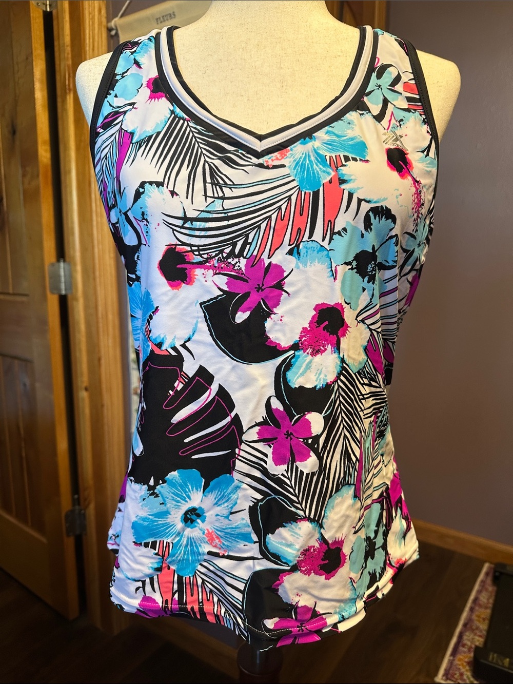 ZeroXposur Floral V-Neck Swim Tank Top in Black, White, Aqua & Pink